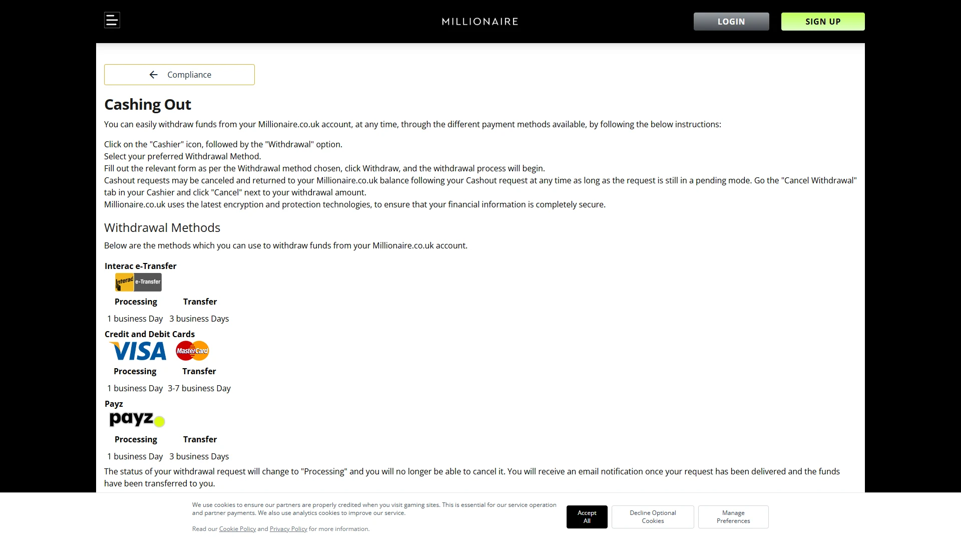 Millionaire Casino payment methods